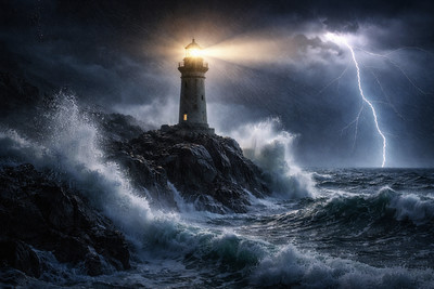 Lotek Atmospheric-landscape Lighthouse Thunderstorm Rock Waves Darkness 01
