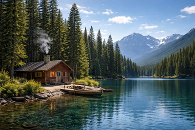 Lotek Atmospheric-landscape Log-cabin Lake-trees-mountain 01