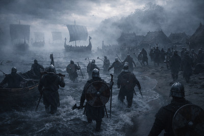 Lotek Historical-scenes Vikings Norse Fog Longboat Landing 01