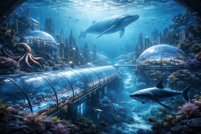 Lotek Fantasy-scene Underwater Submerged City Dome Shark Wale Octopus 01